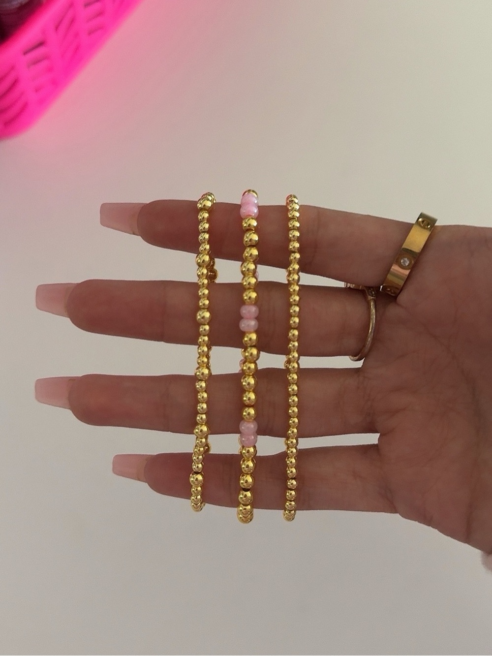 Gold Beaded Bracelet Set with Pink Accents - Women Jewelry